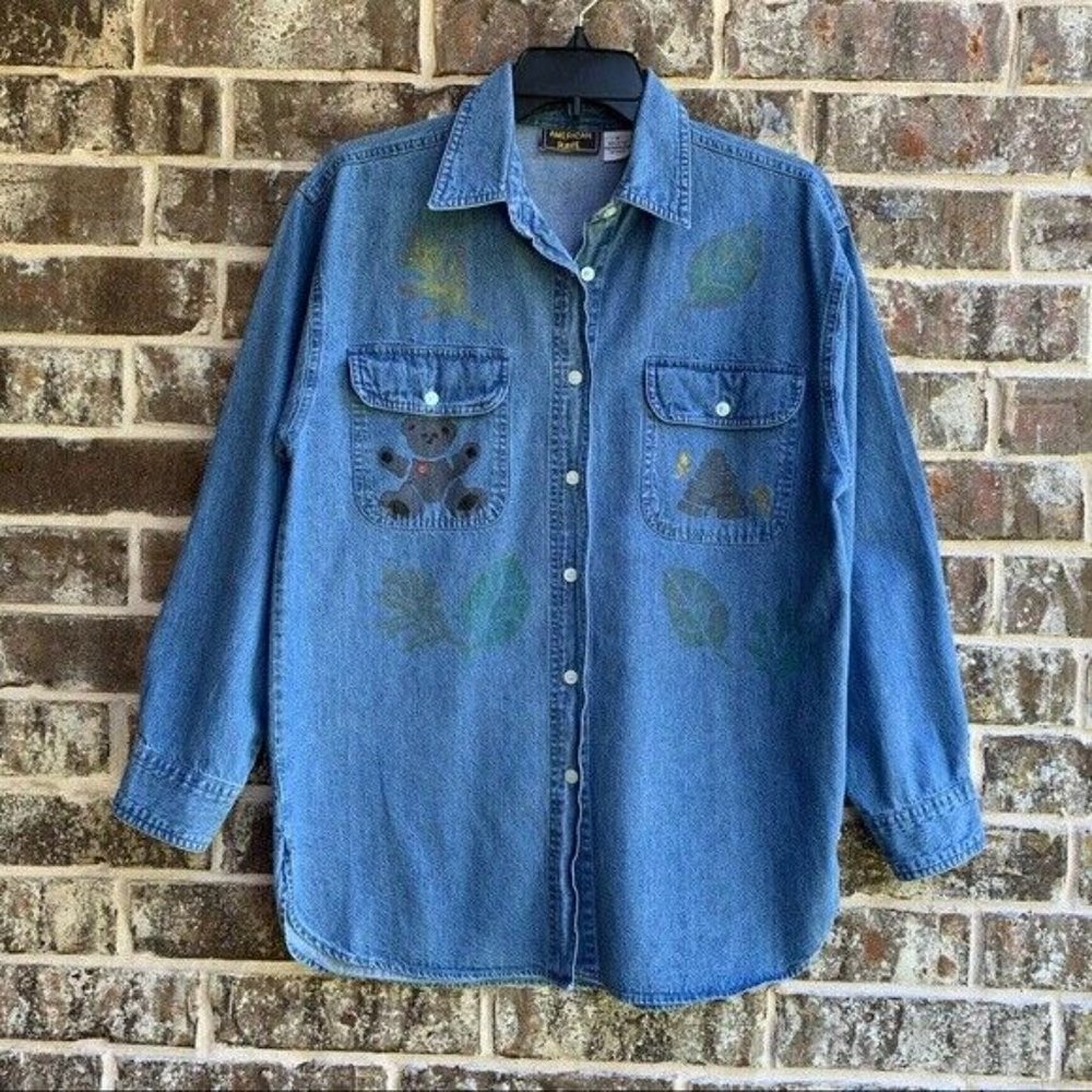 Women's Denim Shirt Blouse Button Up Front Blue Size S - American Rave